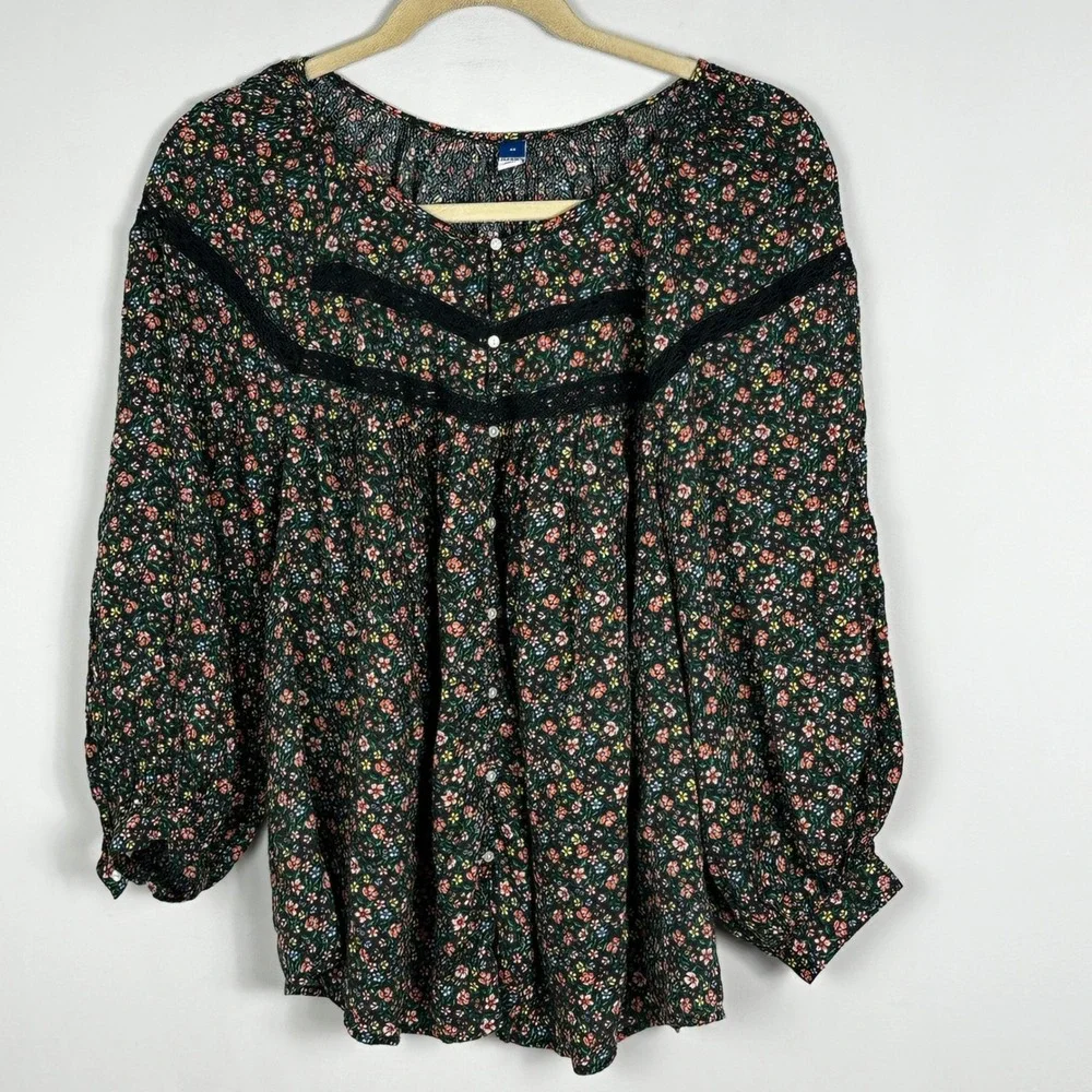 Old Navy Long-Sleeve Lace-Trimmed Floral Print Blouse Womens Sz 4X Bohemian Boho - Picture 5 of 14